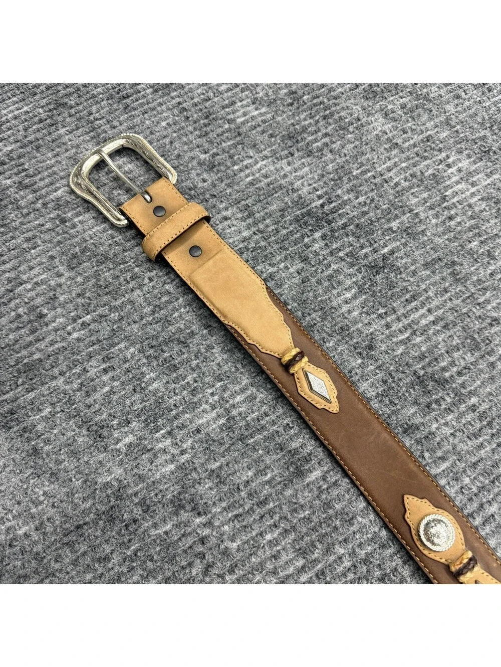 Justin Belt Mens 38 Brown Leather Western Concho Studded Engraved Silver Buckle